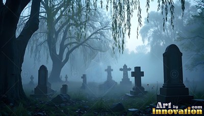 Tilted headstones in a foggy blue cemetery under weeping willows