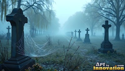Rows of stone cross headstones line a foggy graveyard behind a web