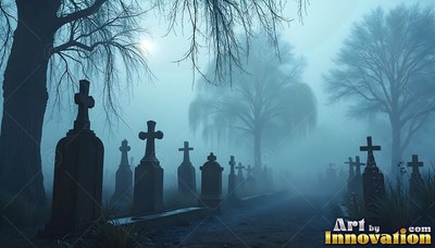 In a misty graveyard, cross headstones stand under bare trees in pale blue light