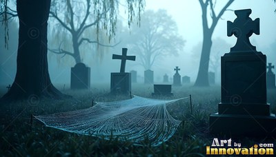 Stretched across wet grass, a dew-covered spiderweb sits among dark graveyard crosses in blue fog
