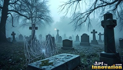 A spider web on a stone grave in a foggy blue cemetery