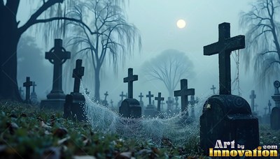 Dewdrops cling to spiderwebs stretched between dark cross tombstones under a round moon in blue fog
