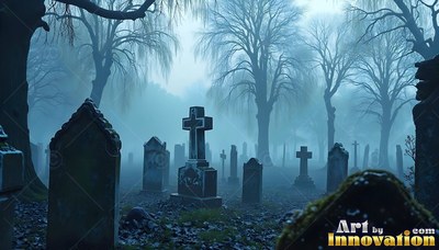 Old headstones stand under bare trees in thick blue fog