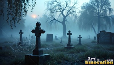 Viewed straight on, dark stone crosses stand in a graveyard in the mist at dawn