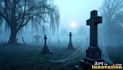 A foggy blue graveyard at night with cobwebs draped over cross headstones