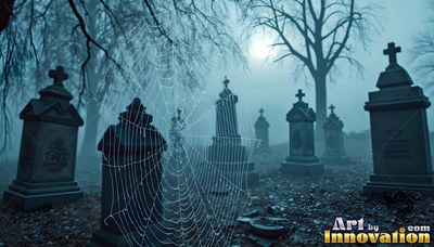 In a foggy blue cemetery under the moon, a large spiderweb covers dark tombstones