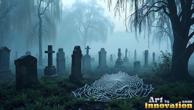 Resting on damp grass, a large white spiderweb sits before dark tombstones in blue fog