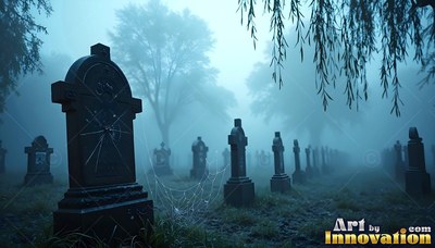 Stone headstones with spiderwebs in dense blue graveyard fog