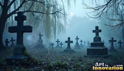 A spider web on a stone cross stands in a graveyard under blue fog and moonlight