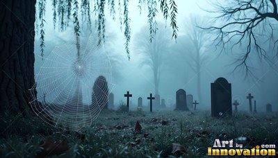 A spiderweb hangs from a tree trunk near cemetery tombstones in cold blue fog