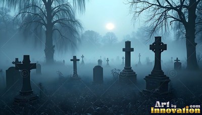 Standing upright in a dark graveyard, stone crosses rest under pale blue moonlight