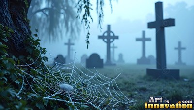A dewy spiderweb stretches beside cross headstones in blue fog