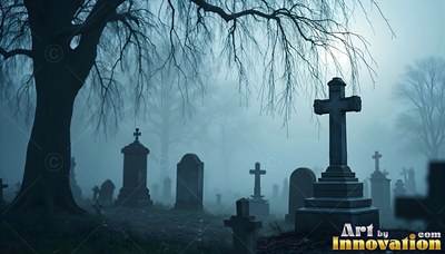 In a foggy cemetery, dark stone crosses stand under bare tree branches