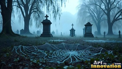 Spreading across the damp grass, a dewy spiderweb rests before foggy tombstones