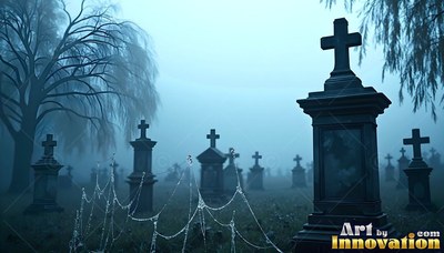 Cross headstones stand in blue fog with spiderwebs in the grass
