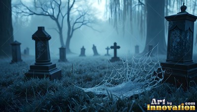 Dew drops cling to a spiderweb on dark grass in a foggy graveyard of tombstones