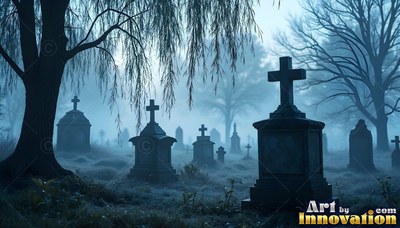 Stone headstones with crosses stand in a misty cemetery under pale blue light