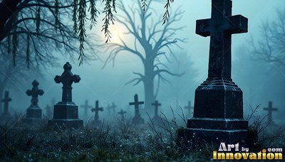 Standing upright in a dark graveyard, stone cross tombstones rise in blue fog