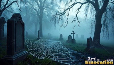 A huge spiderweb stretches between dark tombstones in blue fog