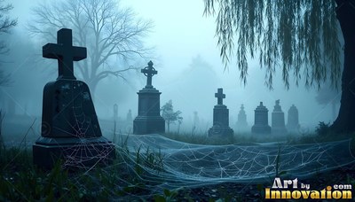In a misty graveyard, thick spiderwebs stretch across dark stone tombstones