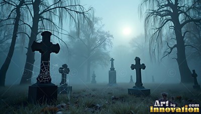 Standing in pale moonlight, cross headstones rise in a foggy blue graveyard