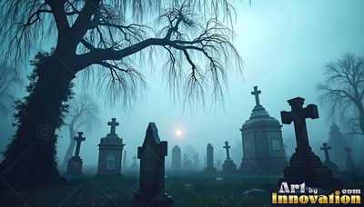 Headstones in a foggy blue graveyard under a bare tree