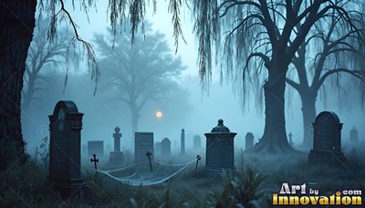 Cobwebs stretch between leaning headstones in a misty graveyard beneath willow trees