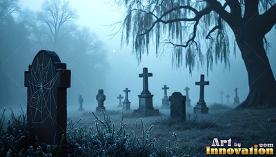 Old headstones stand in cold graveyard fog beneath the pale blue moonlight
