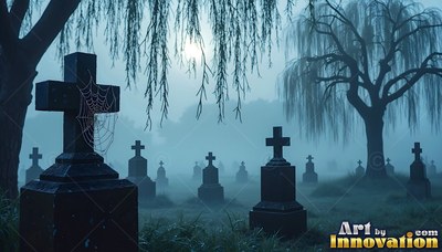 Angled low in a misty cemetery of dark stone crosses and weeping willows under moonlight