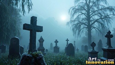 Old stone cross tombstones sit in thick blue fog beneath a full moon and bare trees