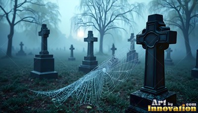 In a misty graveyard, a large spiderweb stretches between dark stone crosses