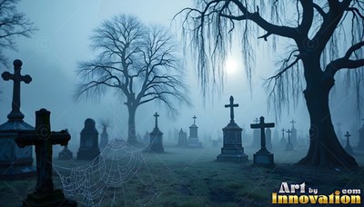 Standing under cold moonlight, dark tombstones fill a foggy graveyard beside bare trees