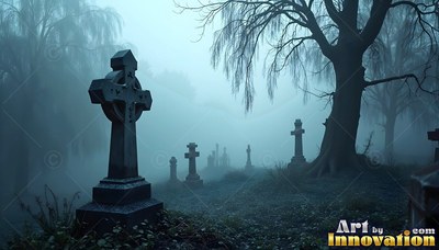 Stone cross headstones in blue fog beside bare trees