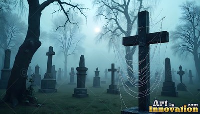 Draped in thin cobwebs, a dark cross stands in a hazy graveyard under a pale moon