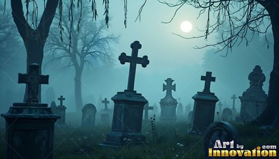 Stone cross headstones lean in thick fog under a pale full moon in a blue night sky