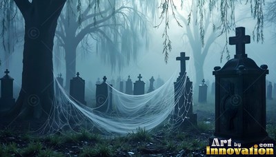Draped low across dark tombstones in a misty graveyard, white spiderwebs hang
