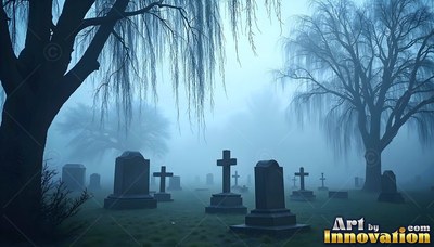 Old stone headstones sit under weeping willow trees in heavy blue night fog
