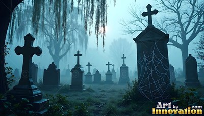 In a foggy graveyard, dark stone headstones stand under blue moonlight