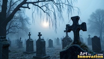 Standing in cold blue fog, dark stone cross headstones fill a moonlit cemetery