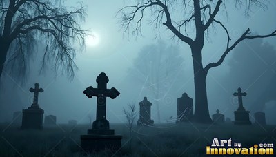Cross tombstones in a dark blue graveyard with fog and bare trees