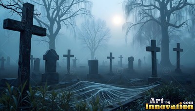 Thick spiderwebs cover a flat tombstone in a graveyard full of crosses under moonlit fog