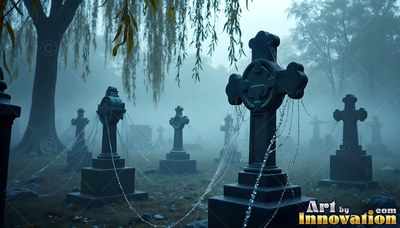 Cross headstones sit wrapped in spiderwebs under a pale blue foggy sky