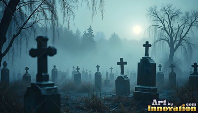 Standing upright in a foggy cemetery, dark stone crosses under a pale moon