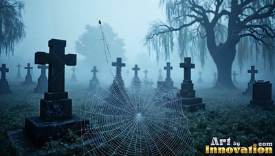 A dewy spiderweb hangs in front of cross headstones in a foggy blue graveyard