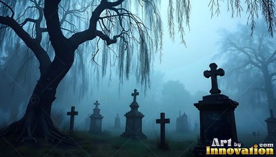 In a foggy graveyard, dark cross headstones stand under bare willow branches