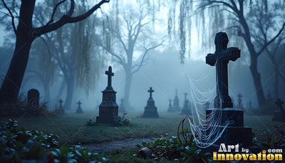 Covered in a spider web, a stone cross headstone stands in a foggy blue graveyard