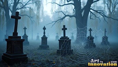 Cross headstones and a spiderweb in blue fog