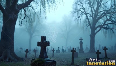 Cross headstones stand in blue misty fog under bare willow trees in a graveyard