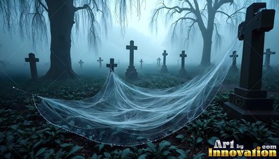 A large spiderweb stretches between dark cross tombstones in pale blue fog