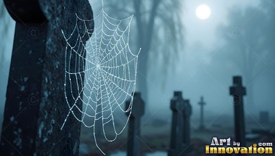 Stretched upright across a dark tombstone, a spider web hangs in a foggy cemetery